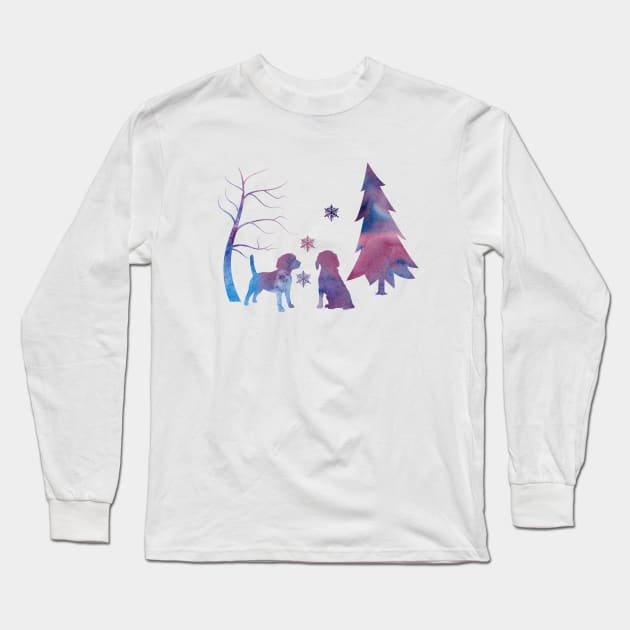 Beagle Dog Winter Scene With Snowflakes Long Sleeve T-Shirt by BittenByErmines